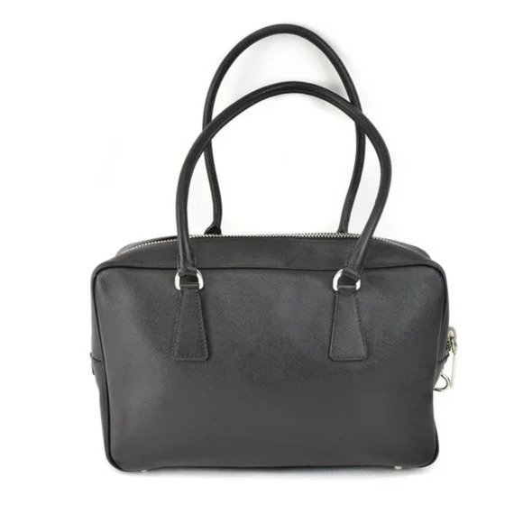 PRADA: Black, Saffiano Leather & Silver Logo Tote Bag - Picture 6 of 12